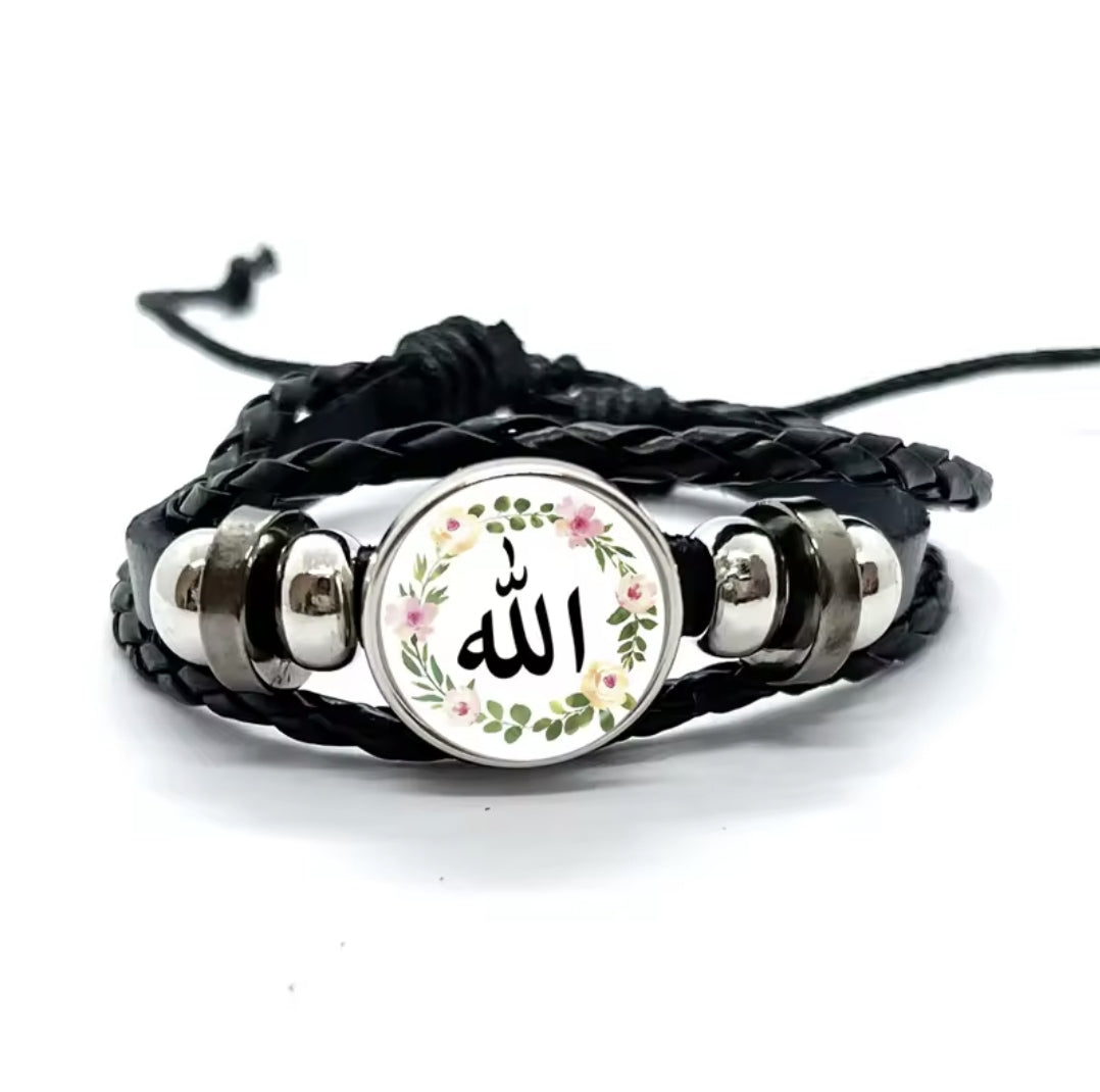 Islamic allah mohamed charm bracelet with a glass dome and snap button closure on stylish leather cord band.