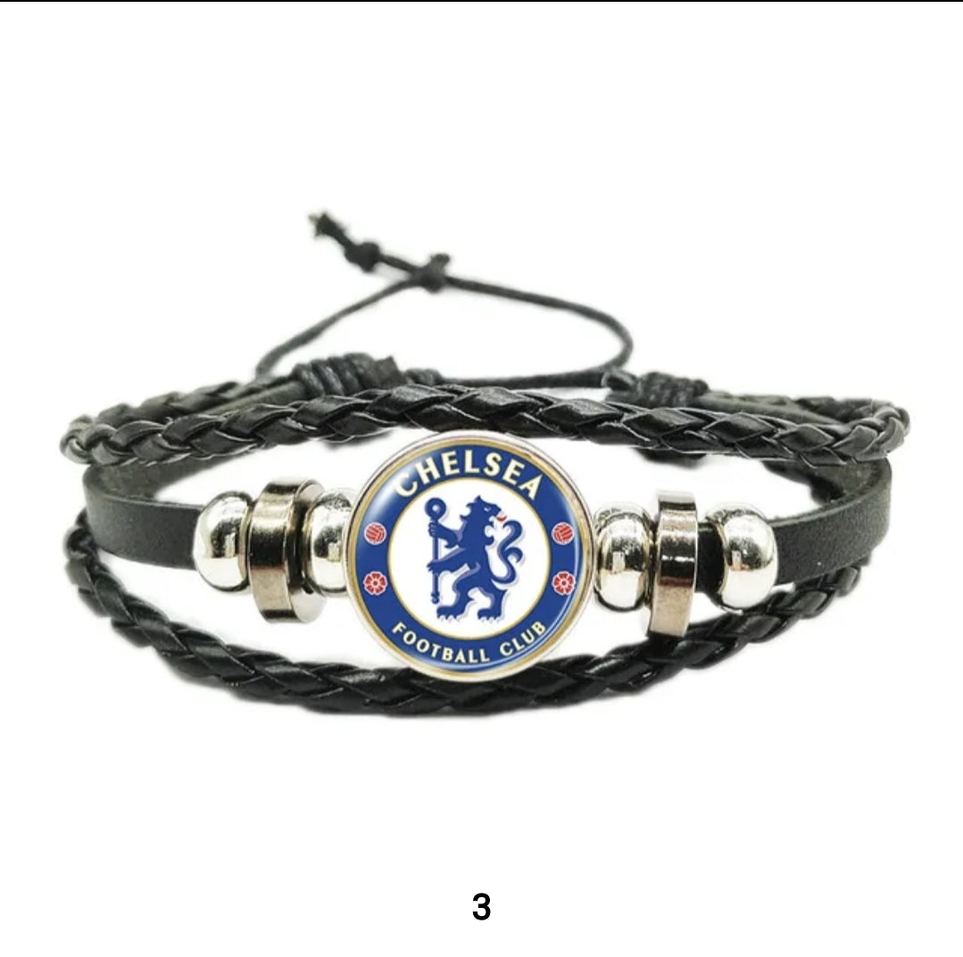 Leather cord bracelet with european clubs logo.