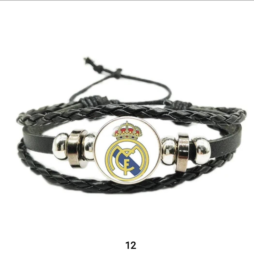 Leather cord bracelet with european clubs logo.