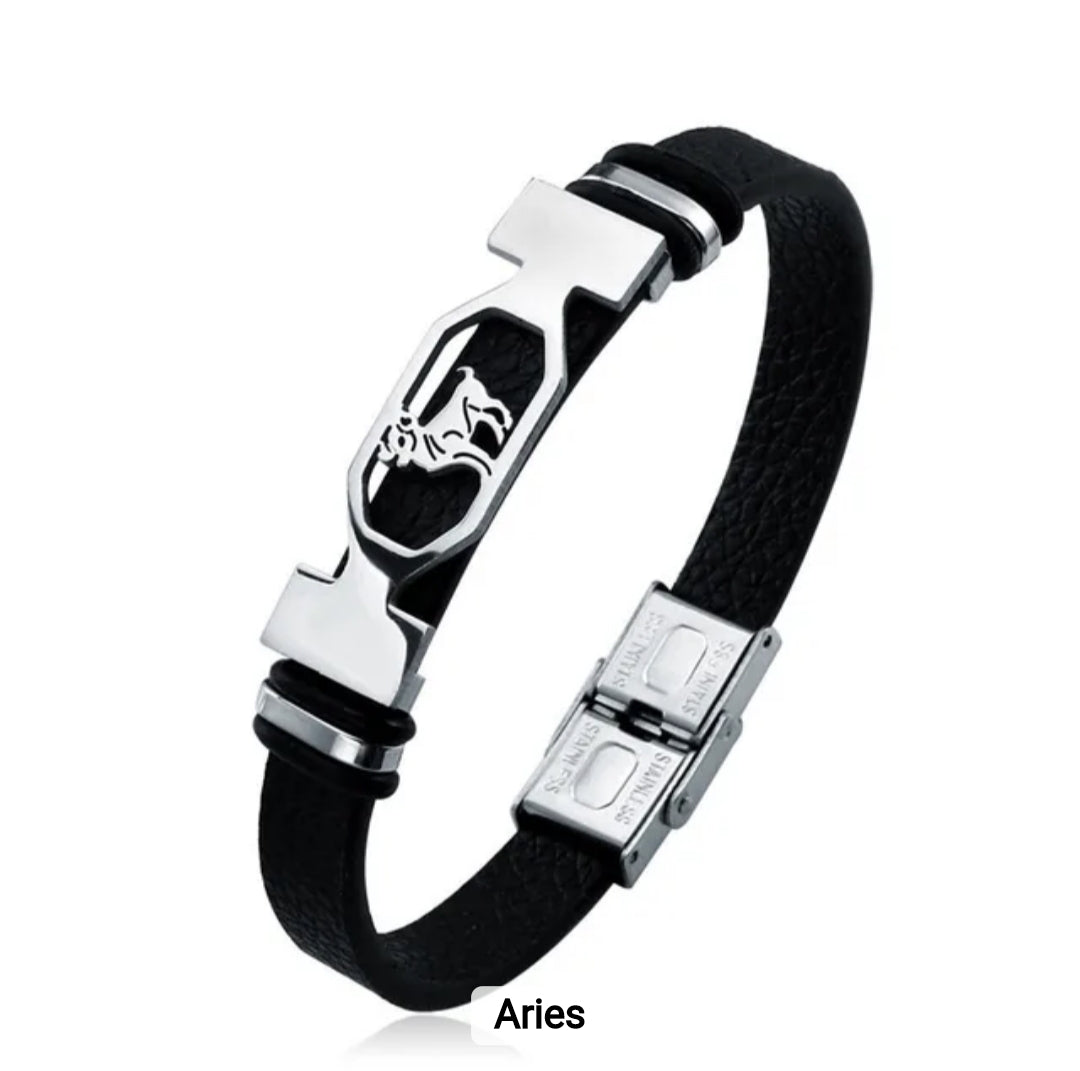 Leather stainless steel cuff bracelet 12 zodiac