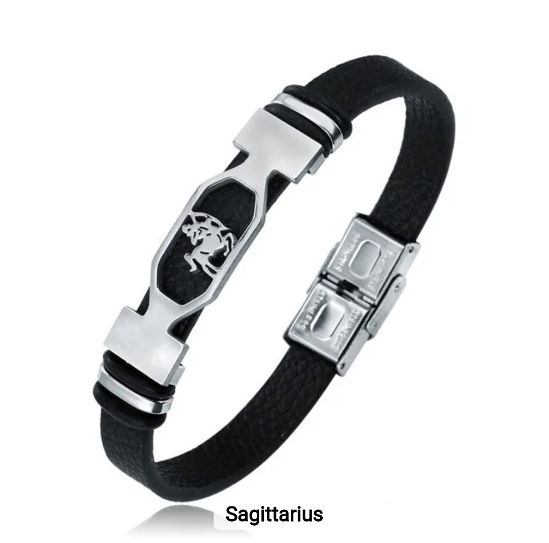 Leather stainless steel cuff bracelet 12 zodiac