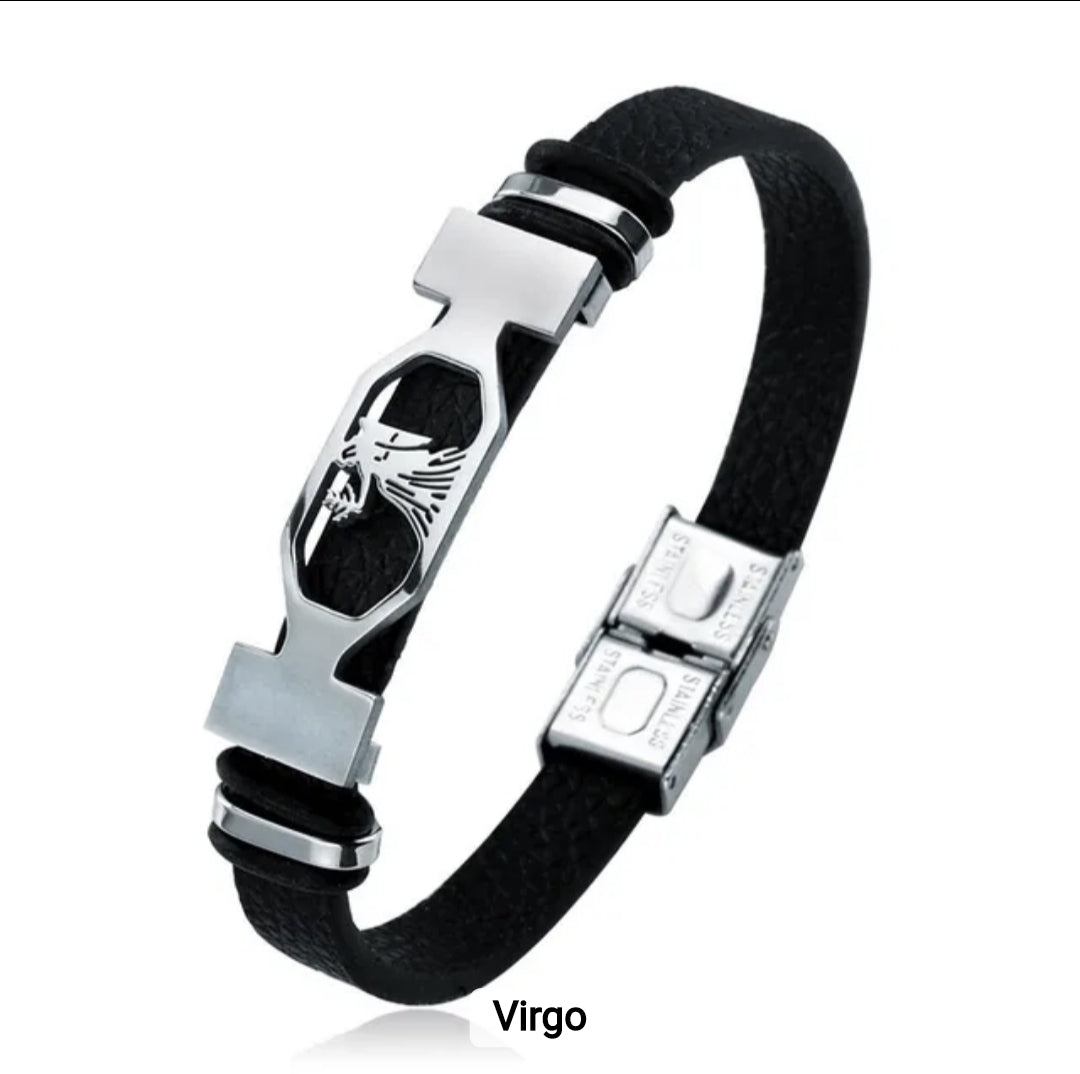 Leather stainless steel cuff bracelet 12 zodiac