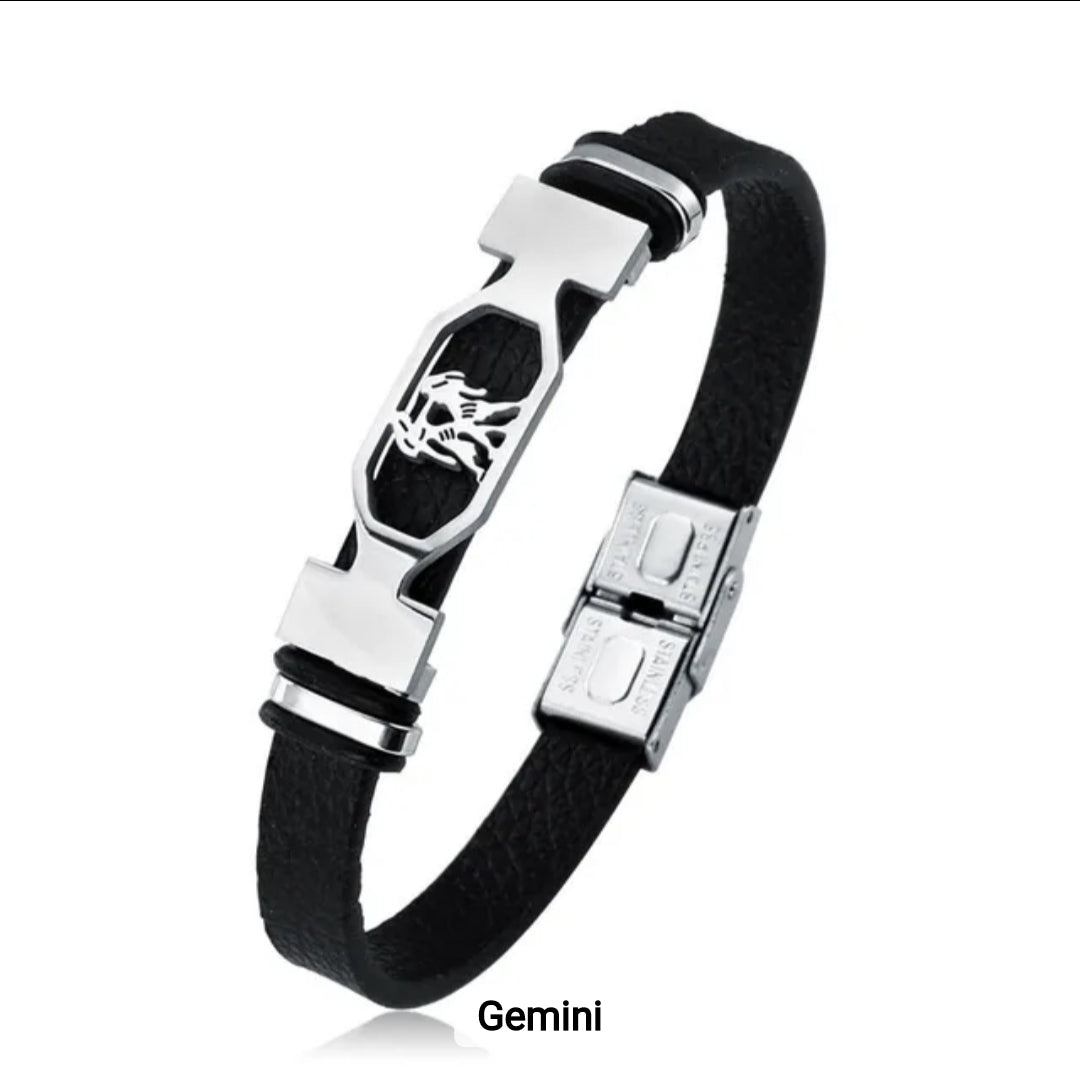 Leather stainless steel cuff bracelet 12 zodiac
