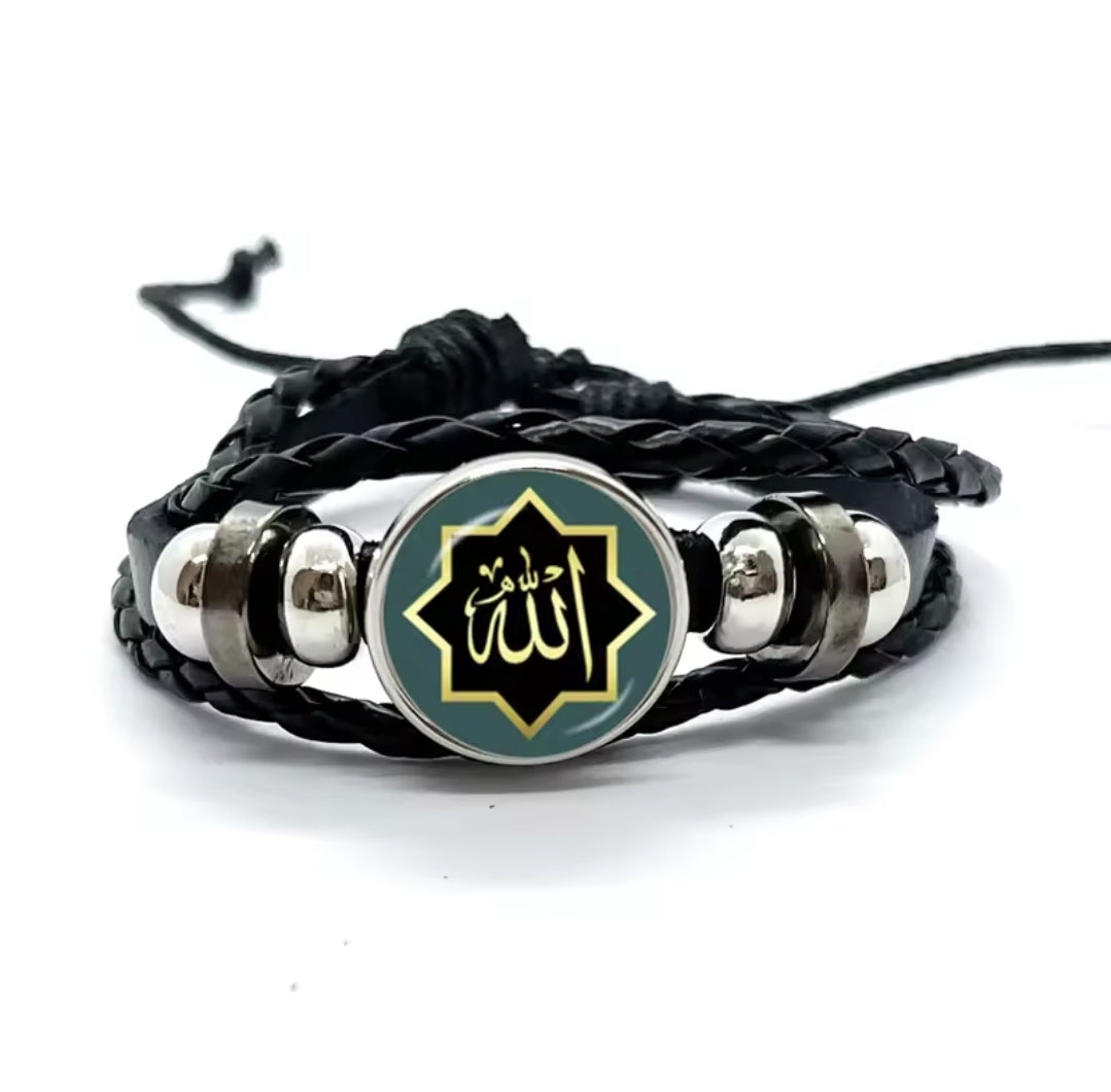 Islamic allah mohamed charm bracelet with a glass dome and snap button closure on stylish leather cord band.