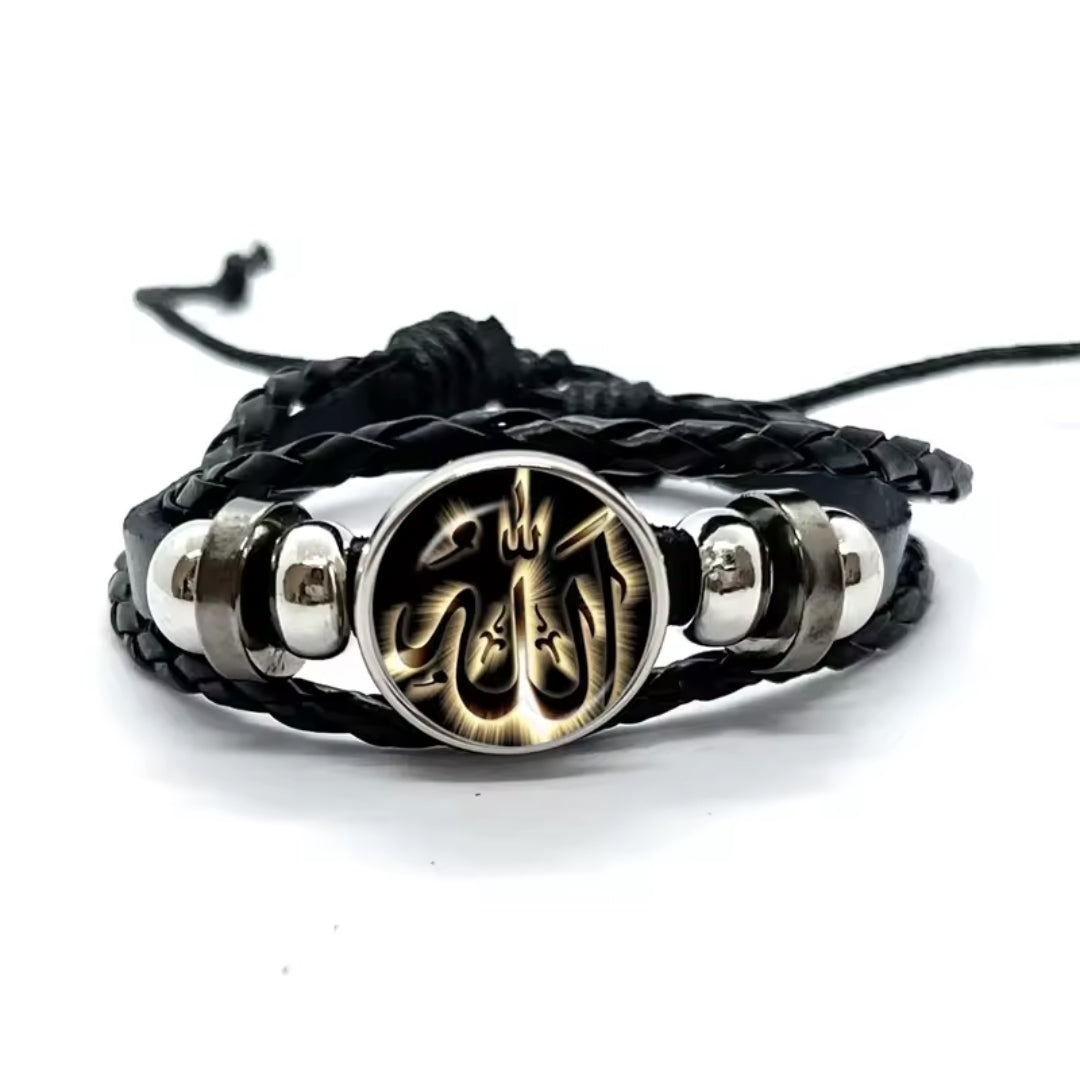 Islamic allah mohamed charm bracelet with a glass dome and snap button closure on stylish leather cord band.