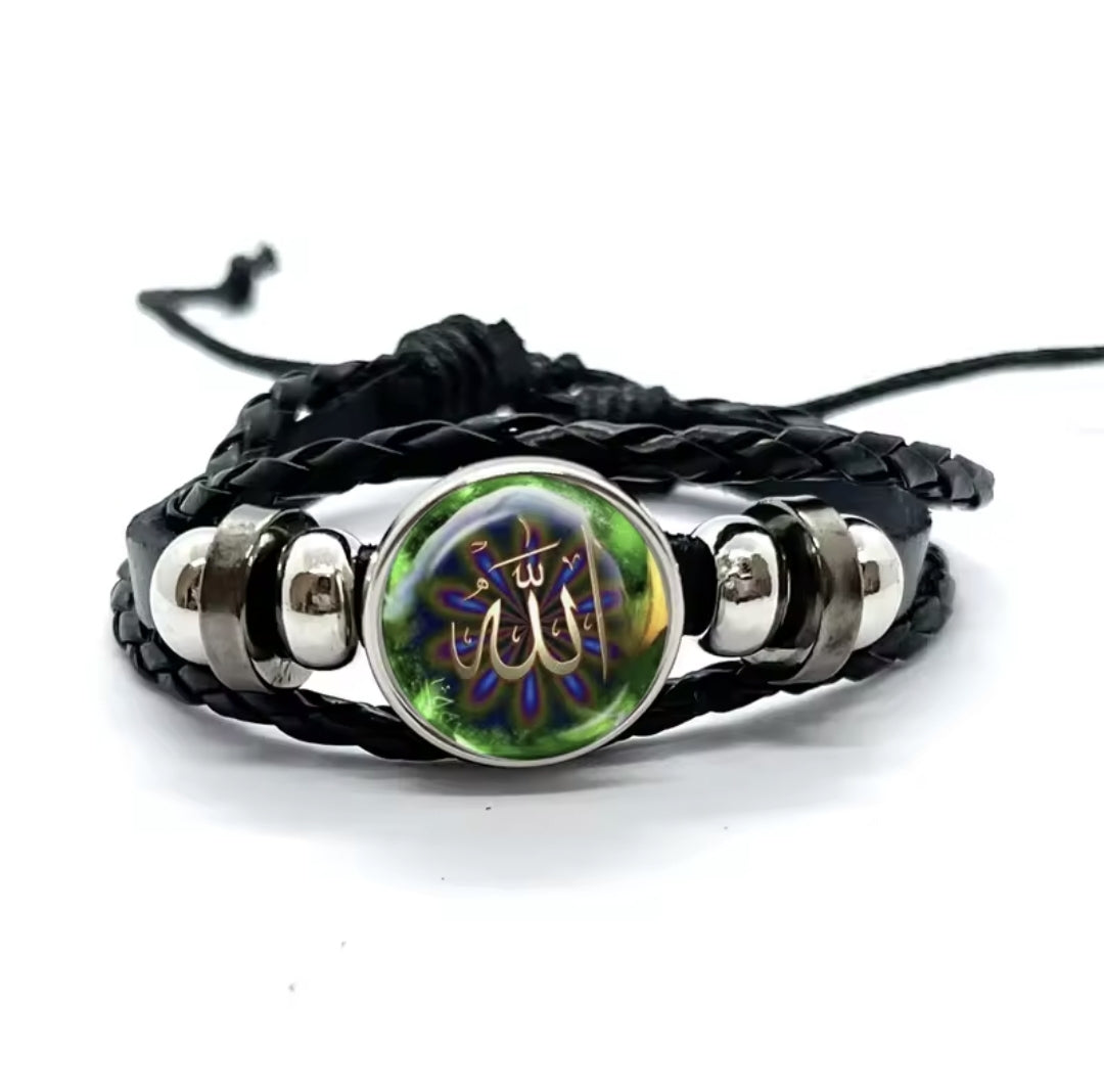 Islamic allah mohamed charm bracelet with a glass dome and snap button closure on stylish leather cord band.