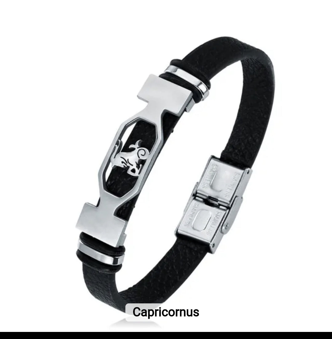 Leather stainless steel cuff bracelet 12 zodiac