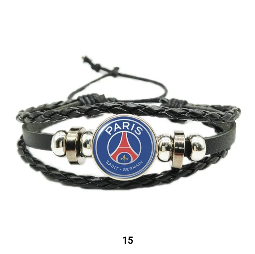 Leather cord bracelet with european clubs logo.