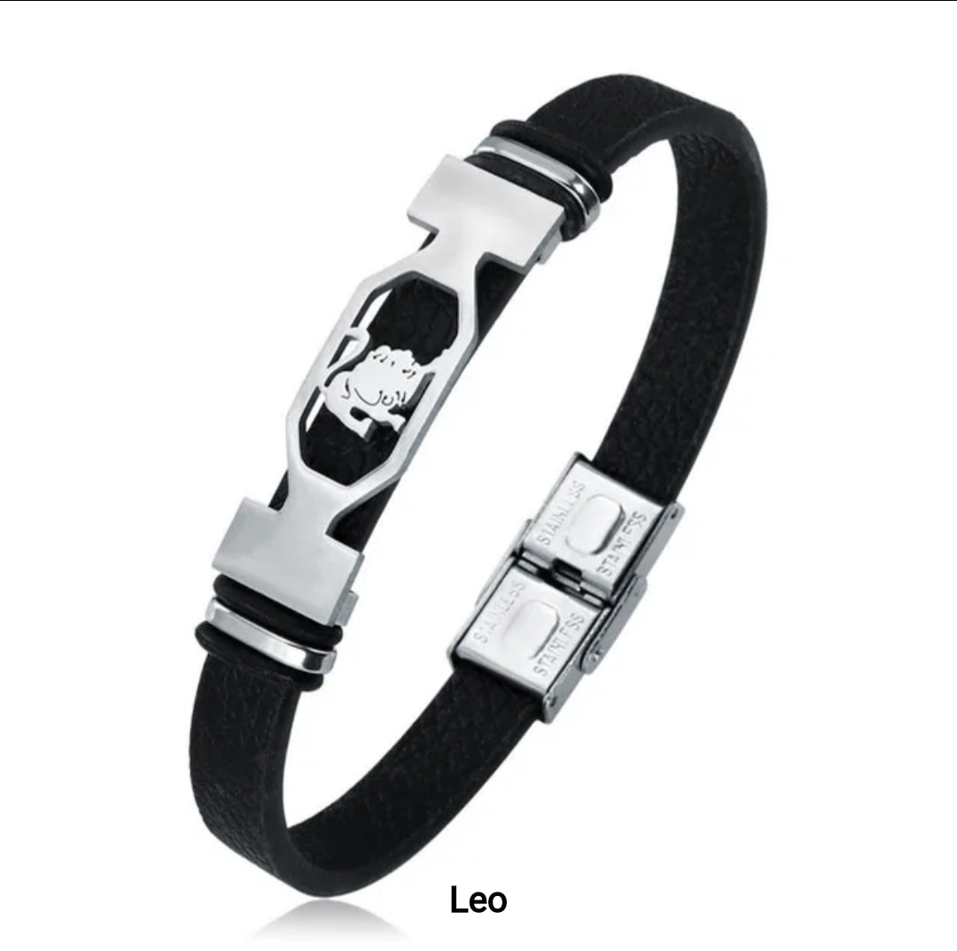Leather stainless steel cuff bracelet 12 zodiac