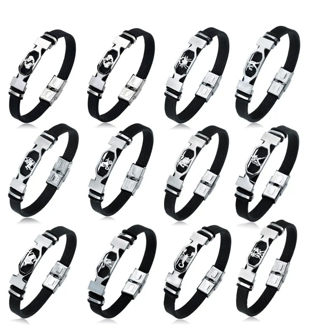 Leather stainless steel cuff bracelet 12 zodiac
