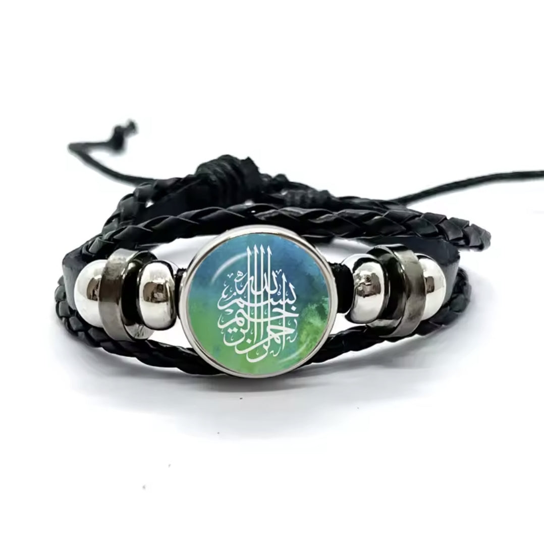 Islamic allah mohamed charm bracelet with a glass dome and snap button closure on stylish leather cord band.