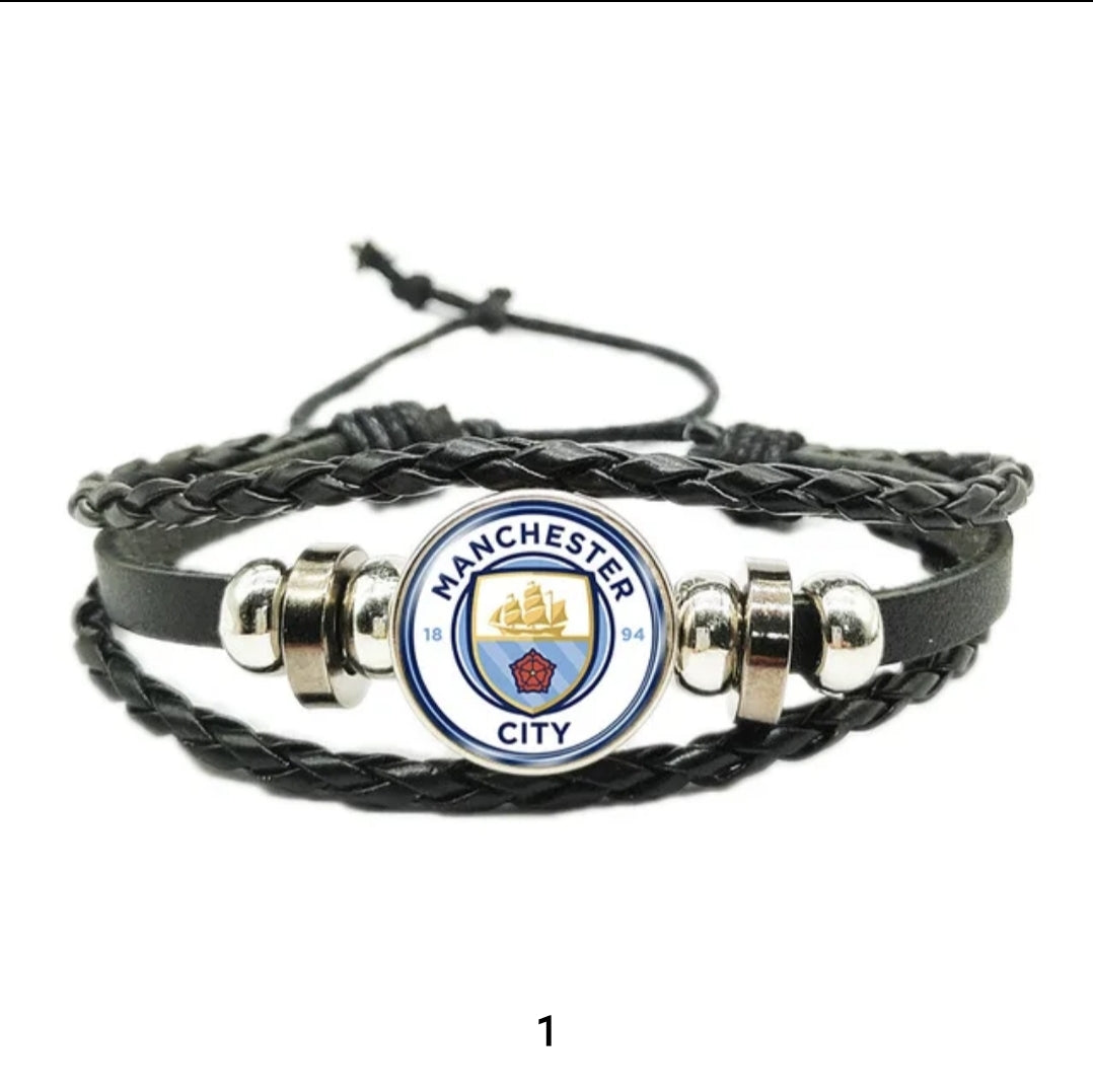 Leather cord bracelet with european clubs logo.