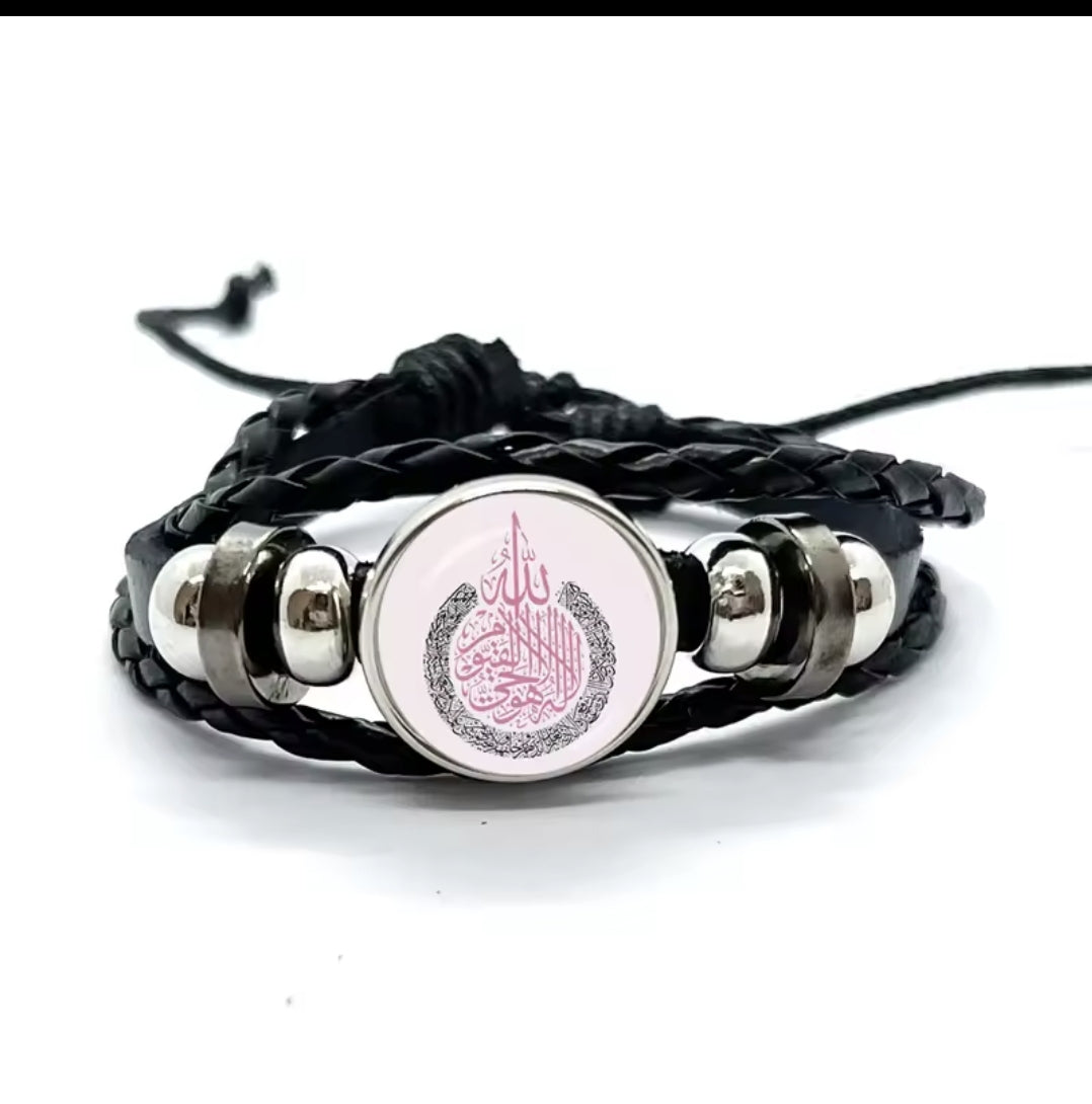 Islamic allah mohamed charm bracelet with a glass dome and snap button closure on stylish leather cord band.