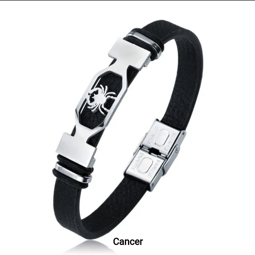 Leather stainless steel cuff bracelet 12 zodiac