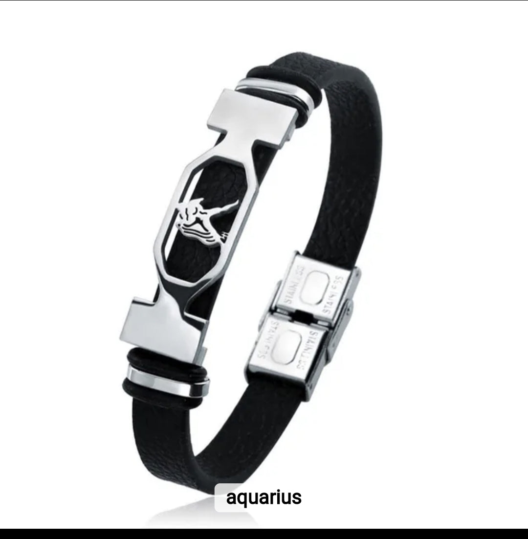 Leather stainless steel cuff bracelet 12 zodiac
