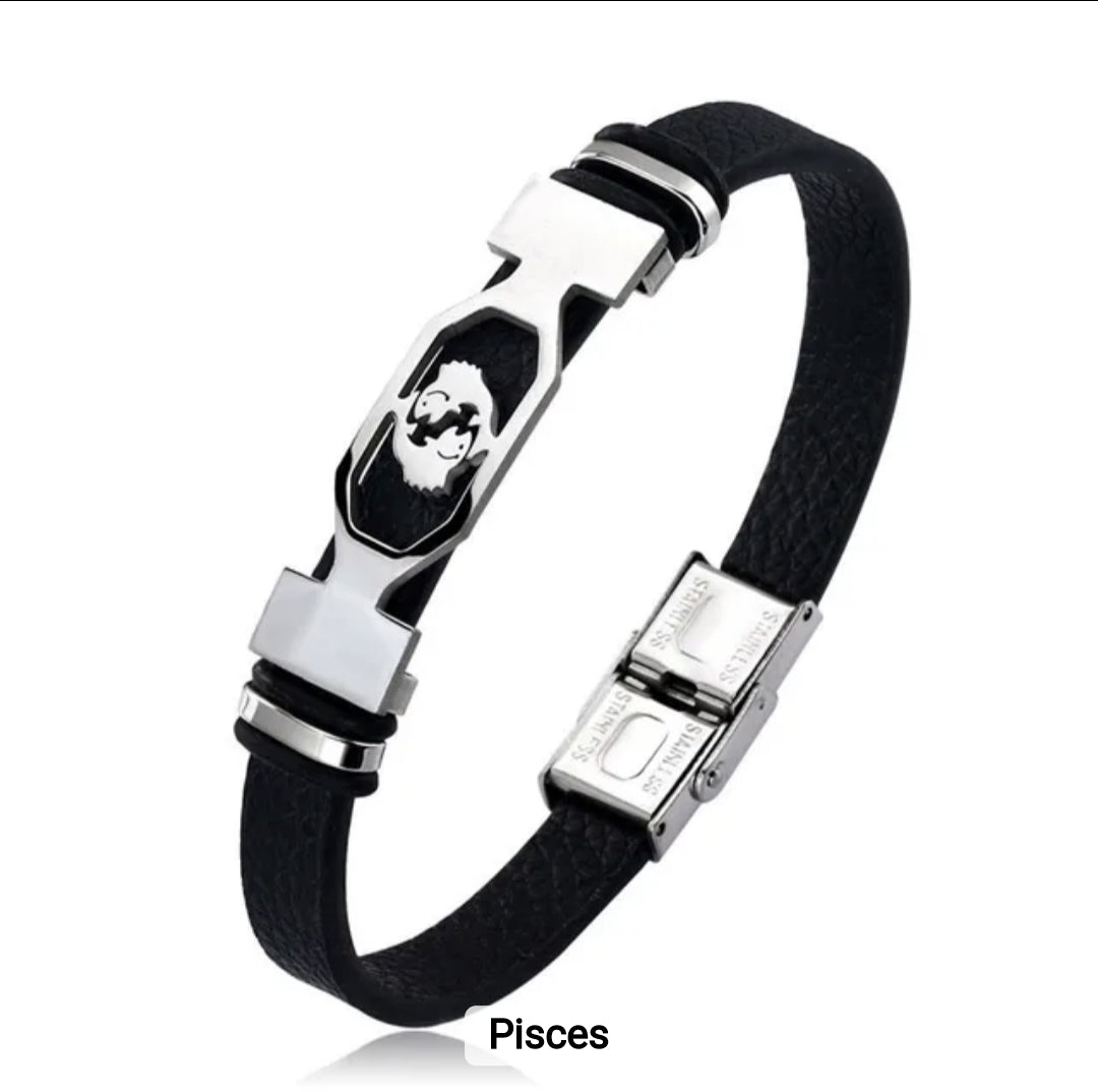 Leather stainless steel cuff bracelet 12 zodiac