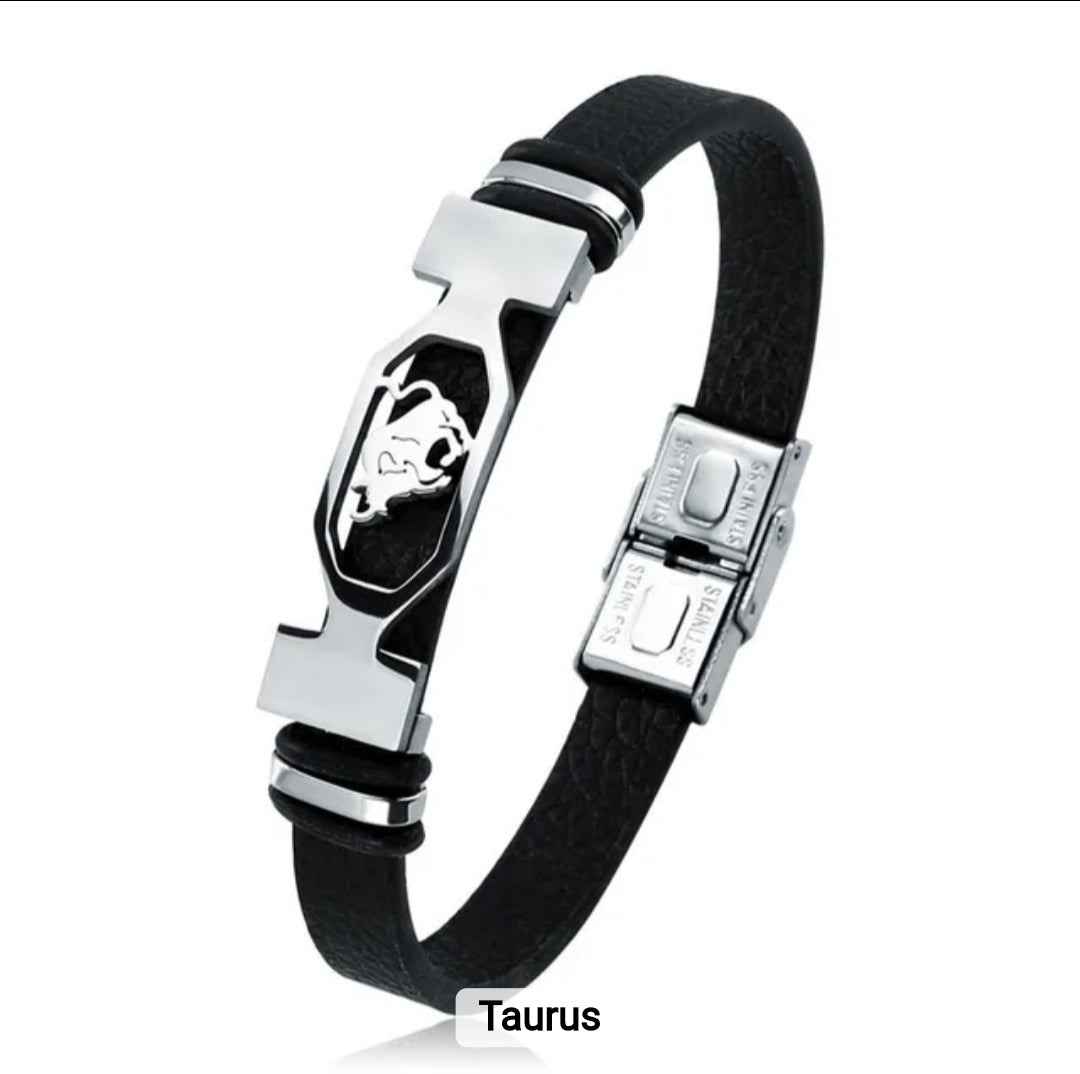 Leather stainless steel cuff bracelet 12 zodiac