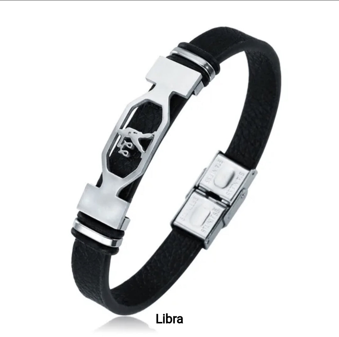 Leather stainless steel cuff bracelet 12 zodiac