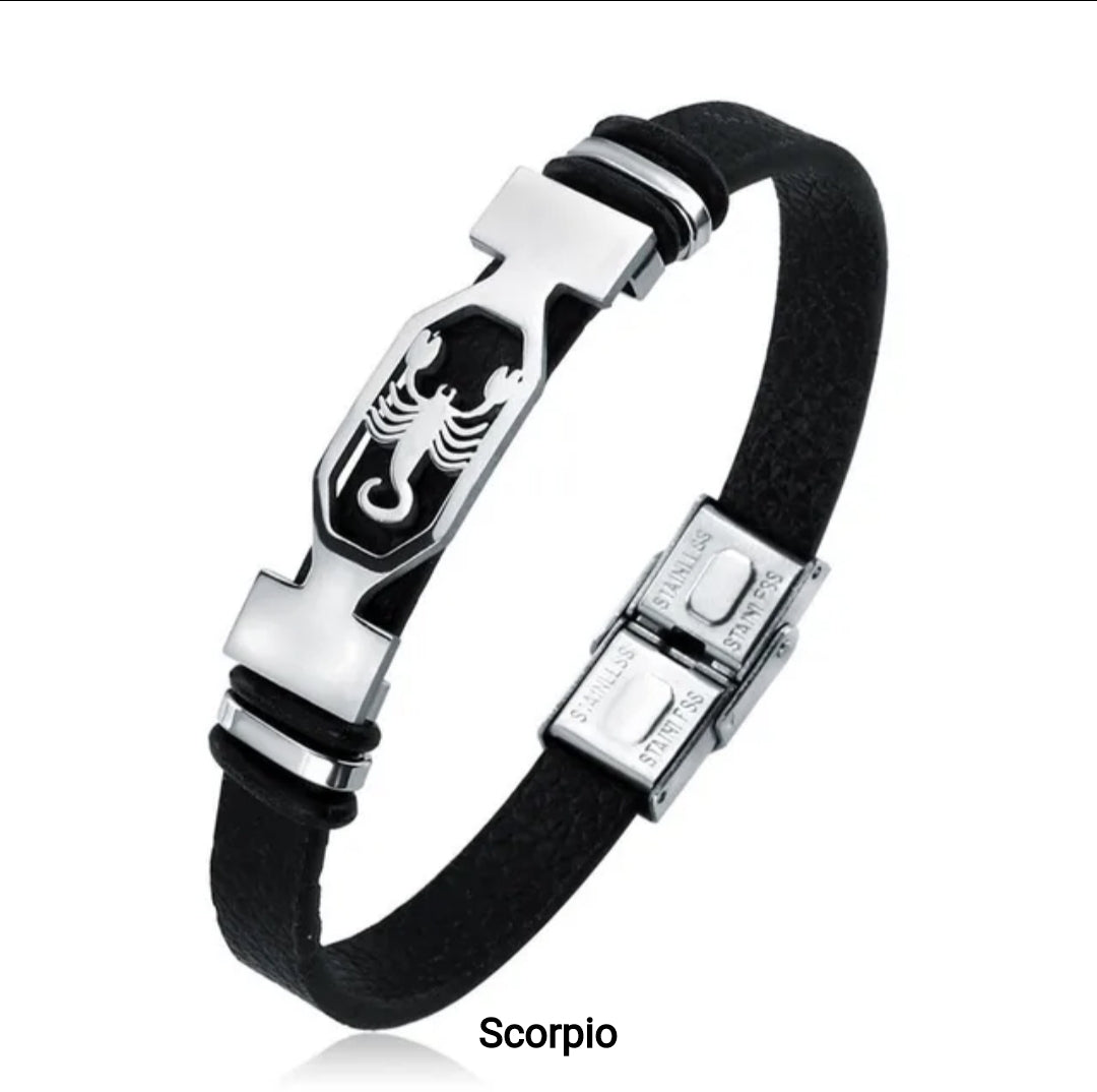 Leather stainless steel cuff bracelet 12 zodiac